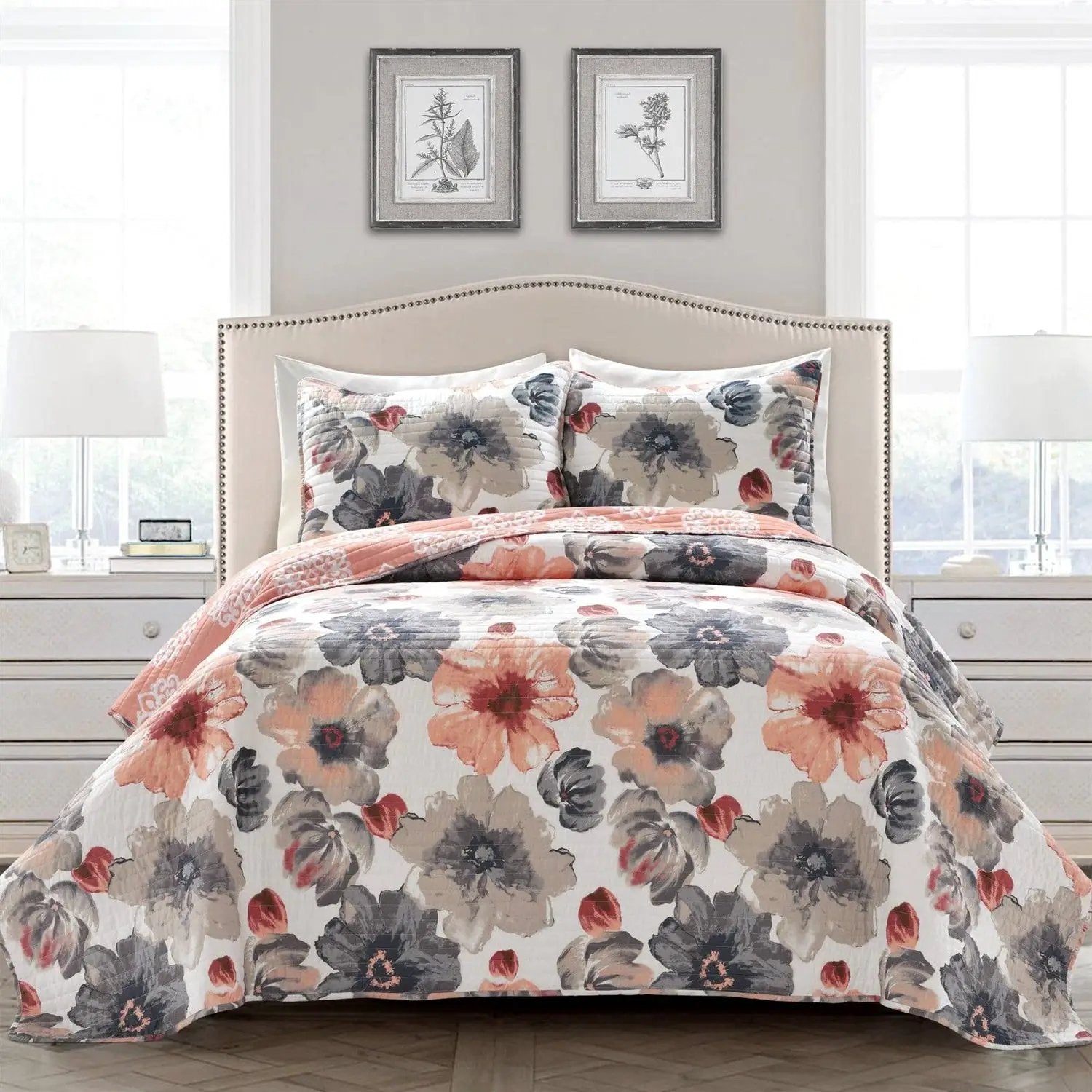 Full/Queen Coral Grey Flowers Lightweight Polyester Microfiber Quilt Set by HomePacific