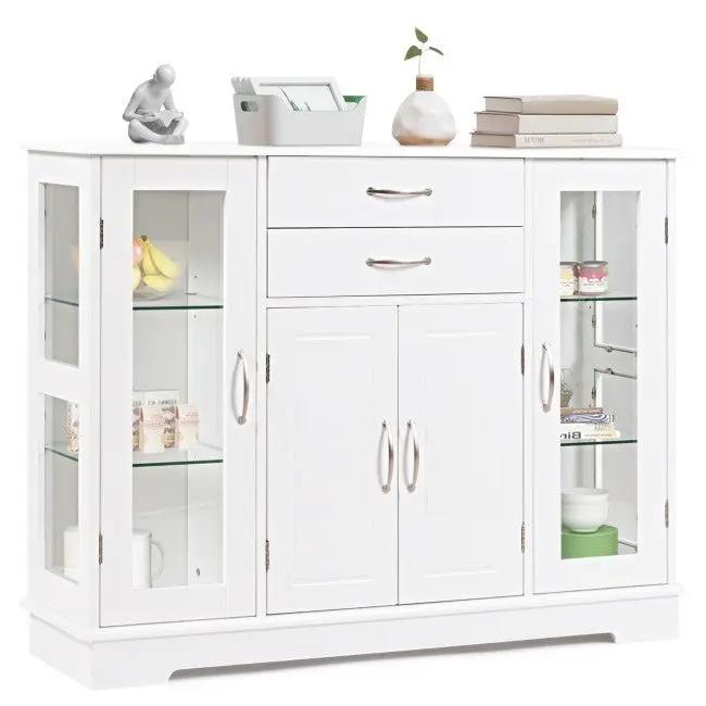 White Wood Buffet Sideboard Cabinet with Glass Display Doors by HomePacific