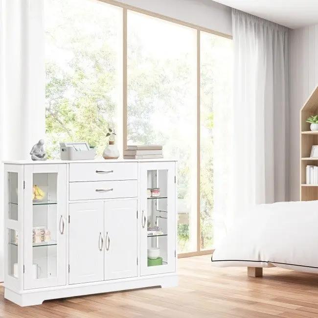 White Wood Buffet Sideboard Cabinet with Glass Display Doors by HomePacific