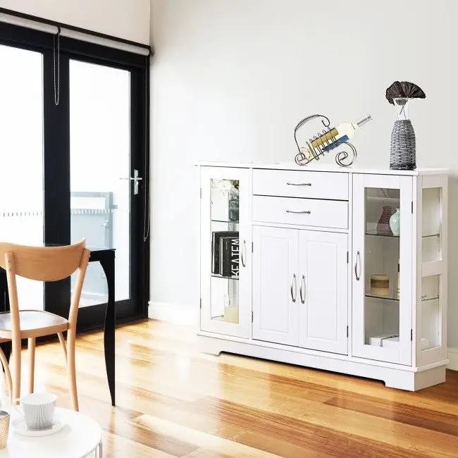 White Wood Buffet Sideboard Cabinet with Glass Display Doors by HomePacific