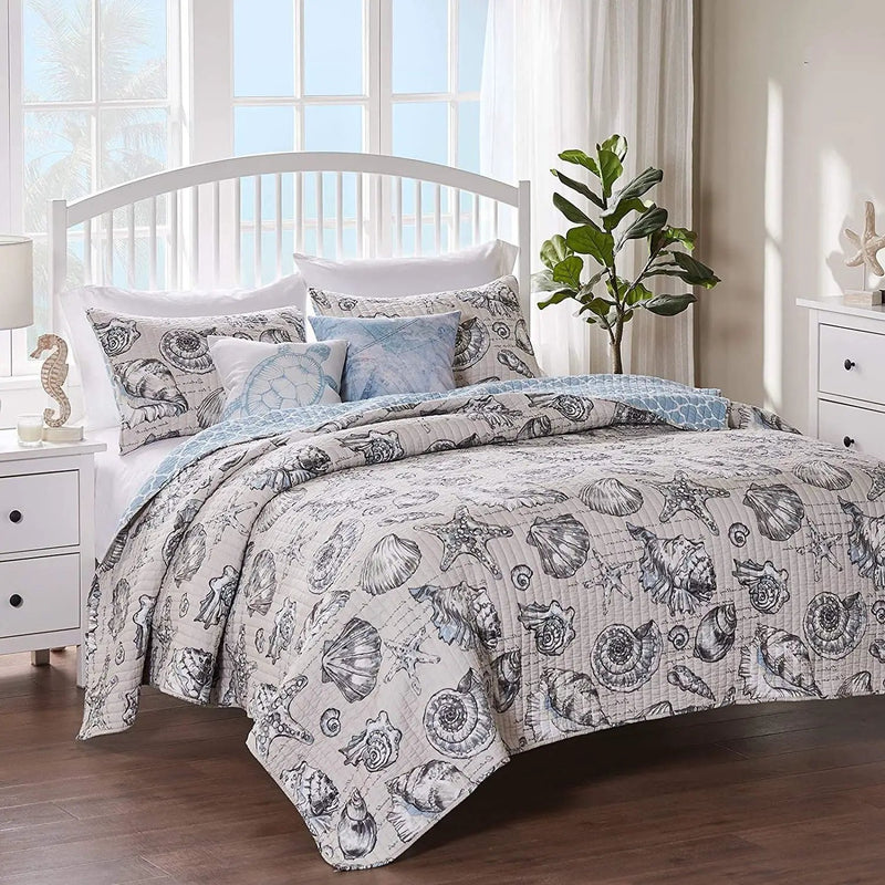 King/CAL King 3 Piece Microfiber Beach Shells Coastal Reversible Quilt Set by HomePacific