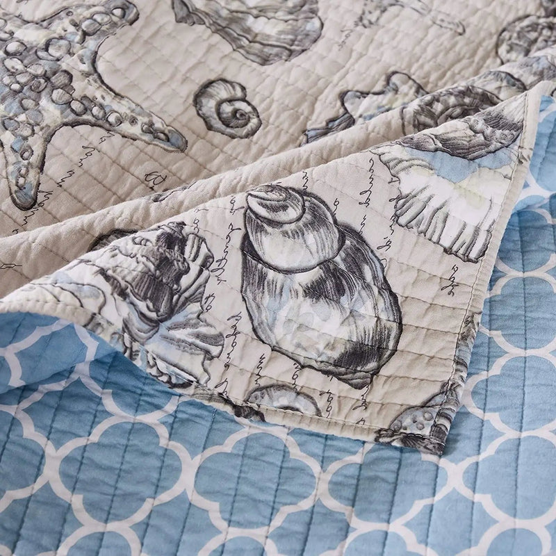 King/CAL King 3 Piece Microfiber Beach Shells Coastal Reversible Quilt Set by HomePacific