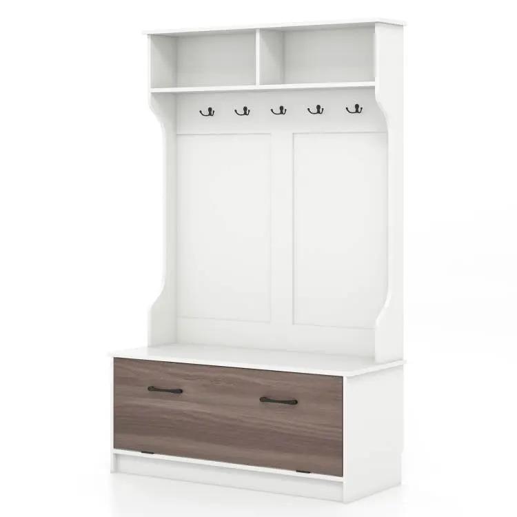 Entryway Bench Coat Rack Shoe Storage Cabinet in White Oak Wood Finish by HomePacific