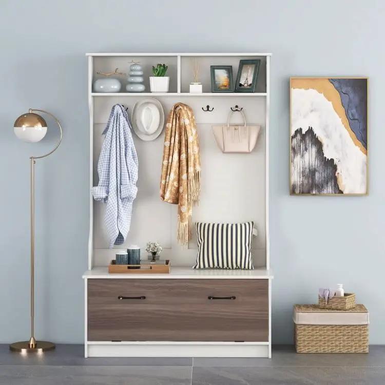 Entryway Bench Coat Rack Shoe Storage Cabinet in White Oak Wood Finish by HomePacific