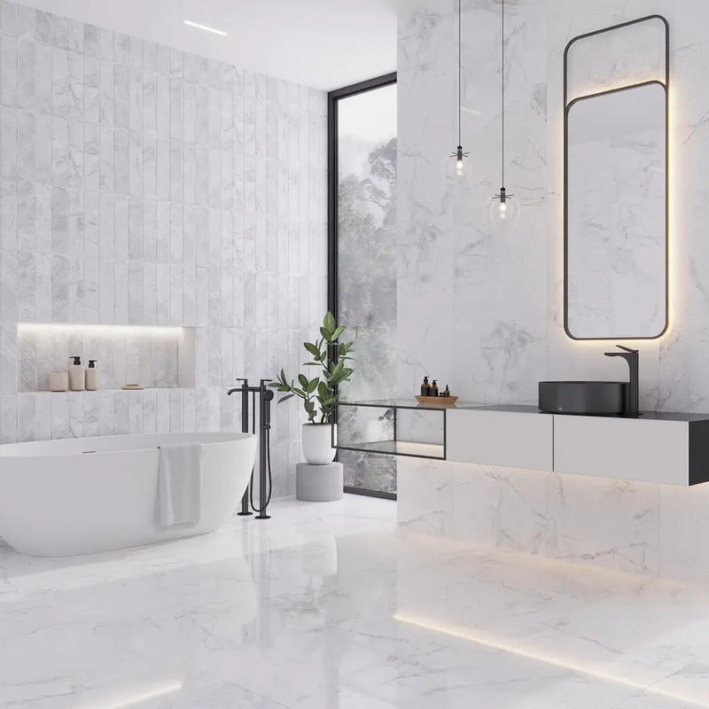 Bright White with Gray 24x48 Polished Porcelain Large Format Tile (2 pack, 15.5 sq ft/case) by Apollo Tile