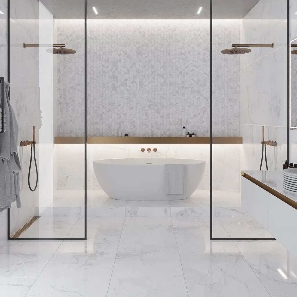 Bright White with Gray 24x48 Polished Porcelain Large Format Tile (2 pack, 15.5 sq ft/case) by Apollo Tile