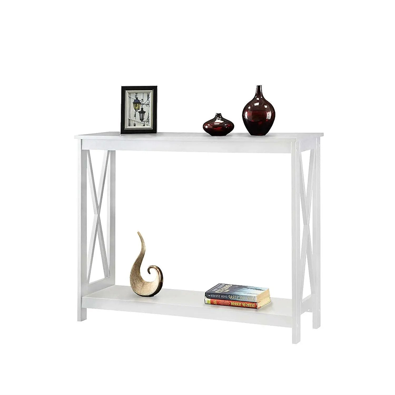 White Wood Console Sofa Table with Bottom Storage Shelf by HomePacific