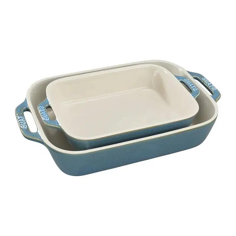 Set of 2 - Ceramic Stoneware Baking Dish Set in Blue Green Turquoise Ivory by HomePacific