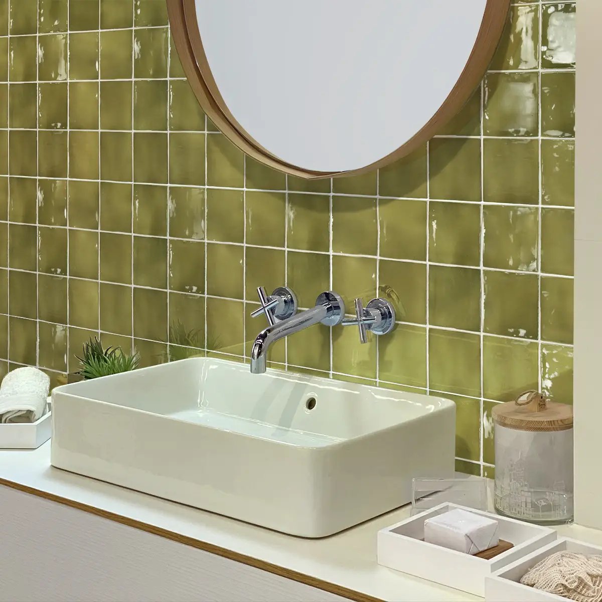 Olive Green 4x4 Glossy Square Ceramic Tile (60 pack, 6.46 sq ft/case) by Apollo Tile
