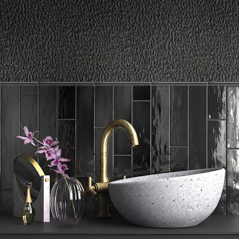 Black 0.5x8 Ceramic Glossy Pencil Tile Trim (10 pack, 0.3 sq ft/case) by Apollo Tile