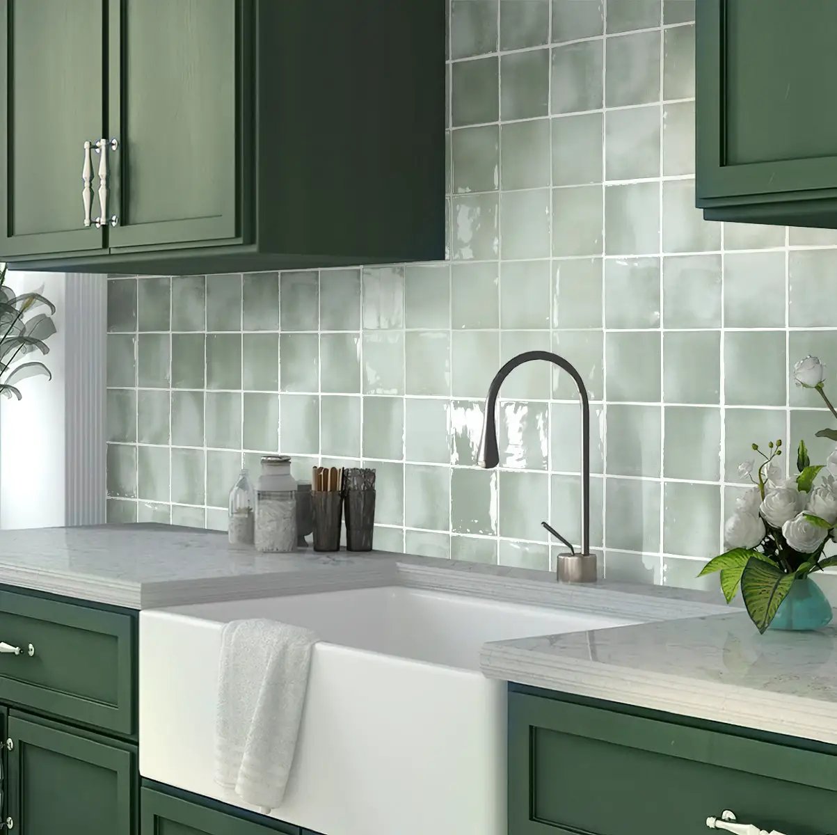 Silken 3.94 in. x 3.94 in. Glossy Tea Green Ceramic Square Tile (60 pack, 6.46 sq. ft./case) by Apollo Tile