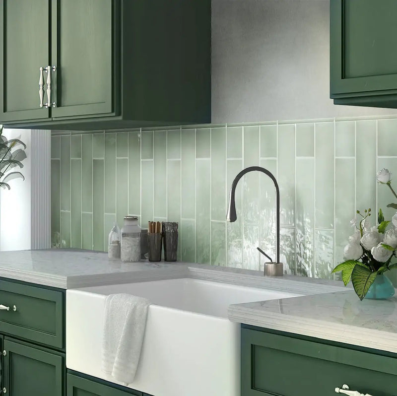Tea Green 0.5x8 Glossy Ceramic Pencil Tile Trim (10 pack, 0.3 sq ft/case) by Apollo Tile