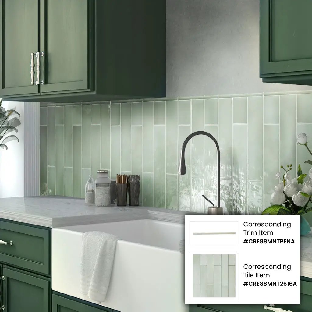 Tea Green 0.5x8 Glossy Ceramic Pencil Tile Trim (10 pack, 0.3 sq ft/case) by Apollo Tile