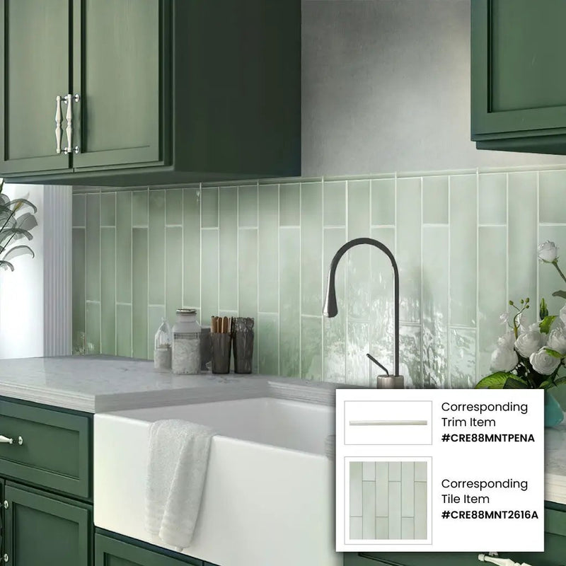 Tea Green 0.5x8 Glossy Ceramic Pencil Tile Trim (10 pack, 0.3 sq ft/case) by Apollo Tile