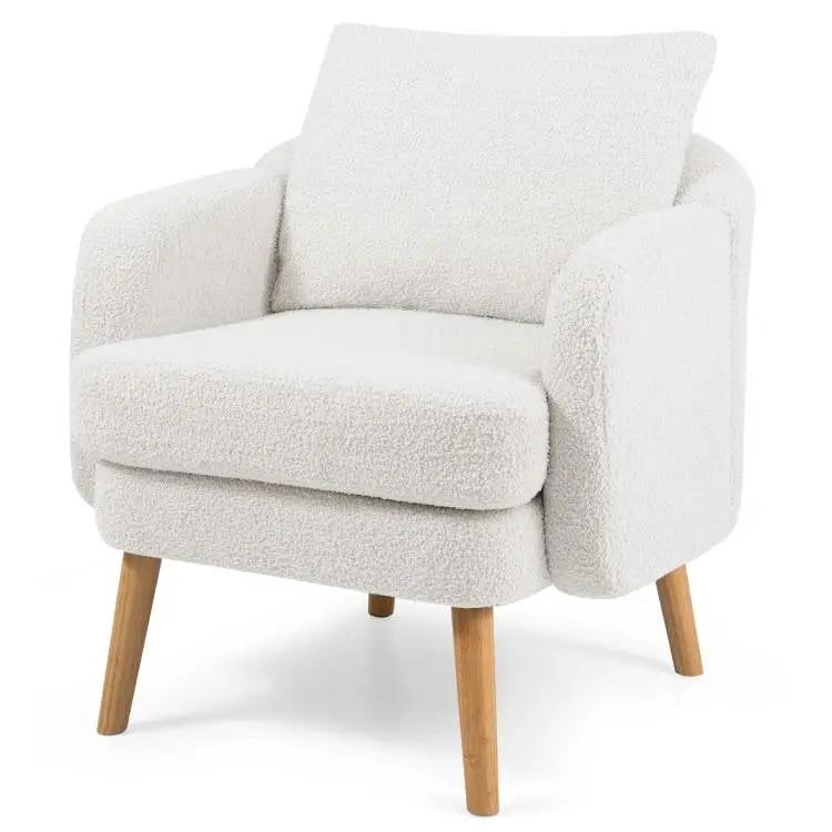 Modern White Sherpa Upholstered Accent Chair with Wooden Legs by HomePacific