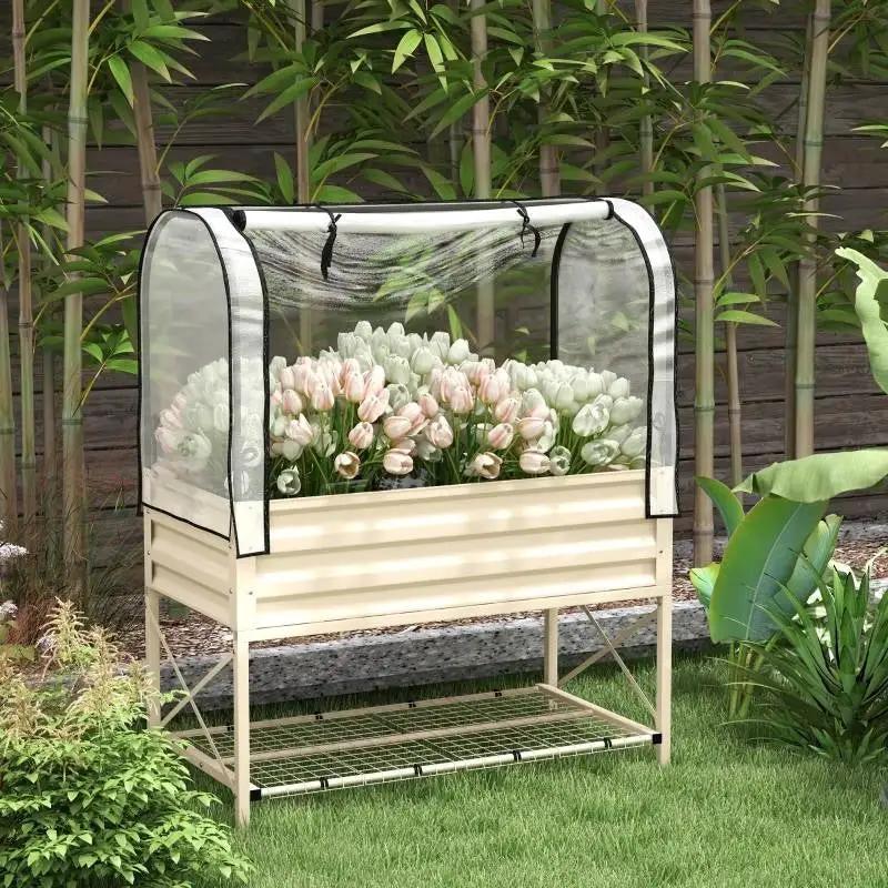 Cream Elevated Metal Raised Garden Bed w/ Greenhouse Cover by HomePacific