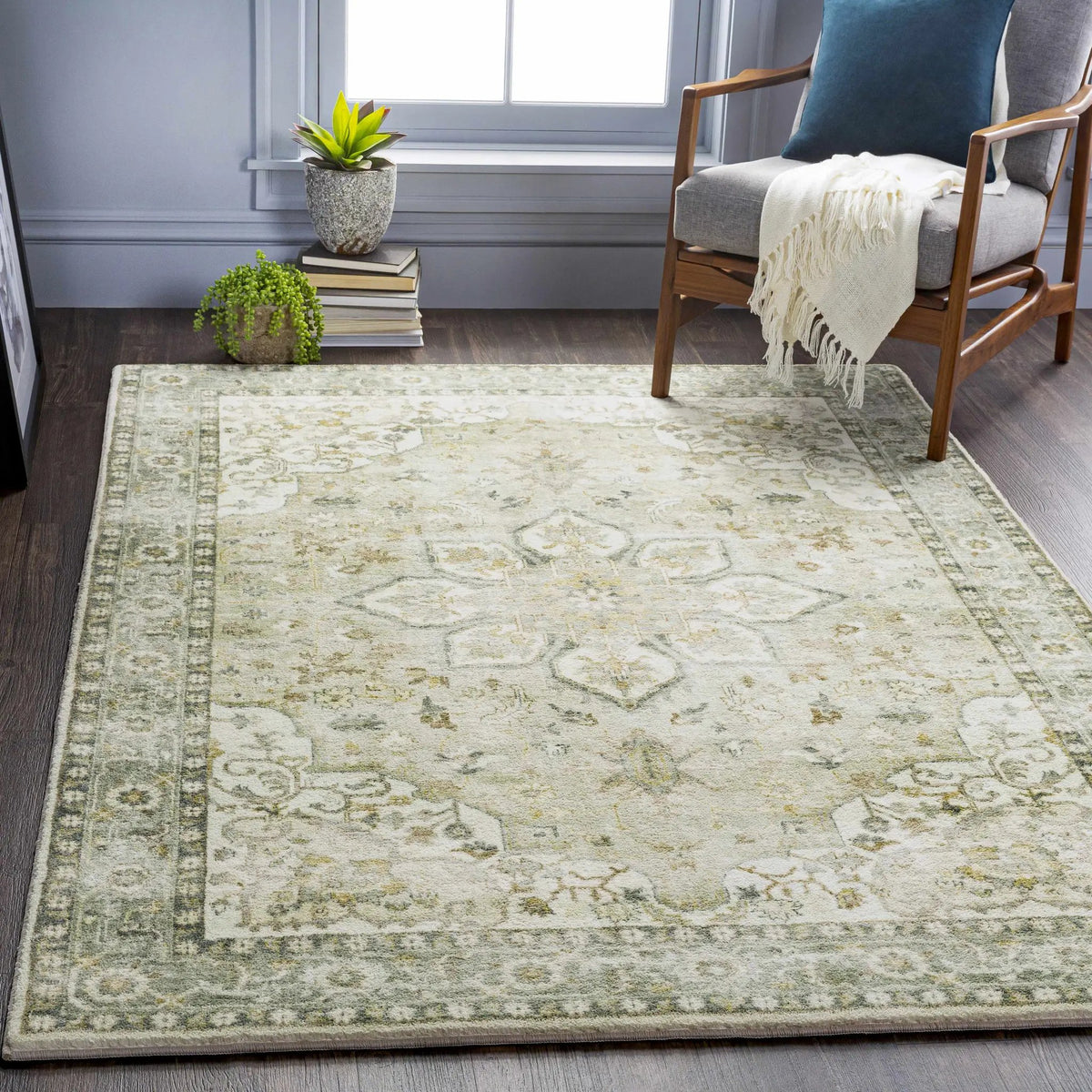 Crondall Sage Traditional Area Rug, installed in a room