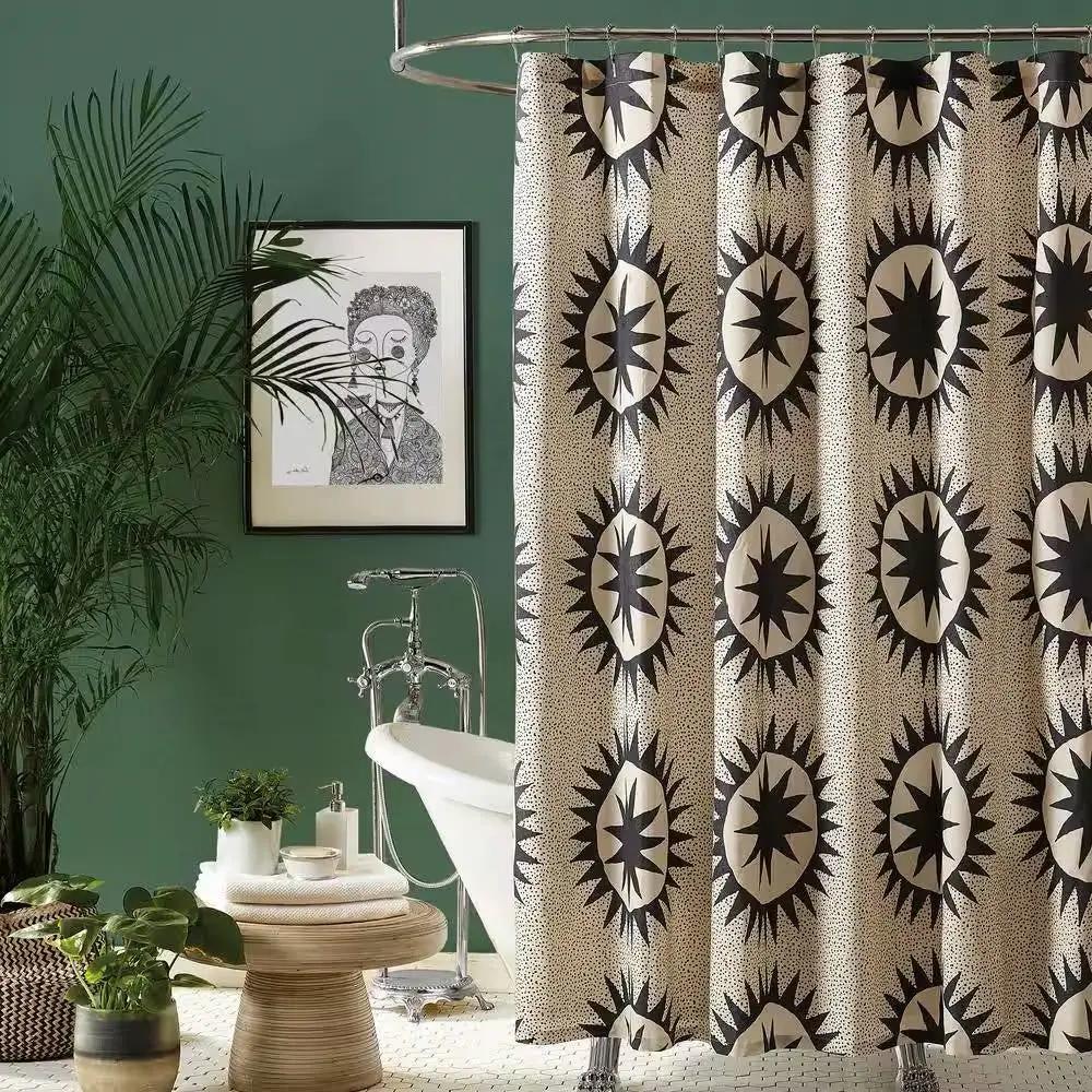 72 x 72 in. Cotton Poly Shower Curtain w/ Cream Brown Sun Star Medallion Pattern by HomePacific