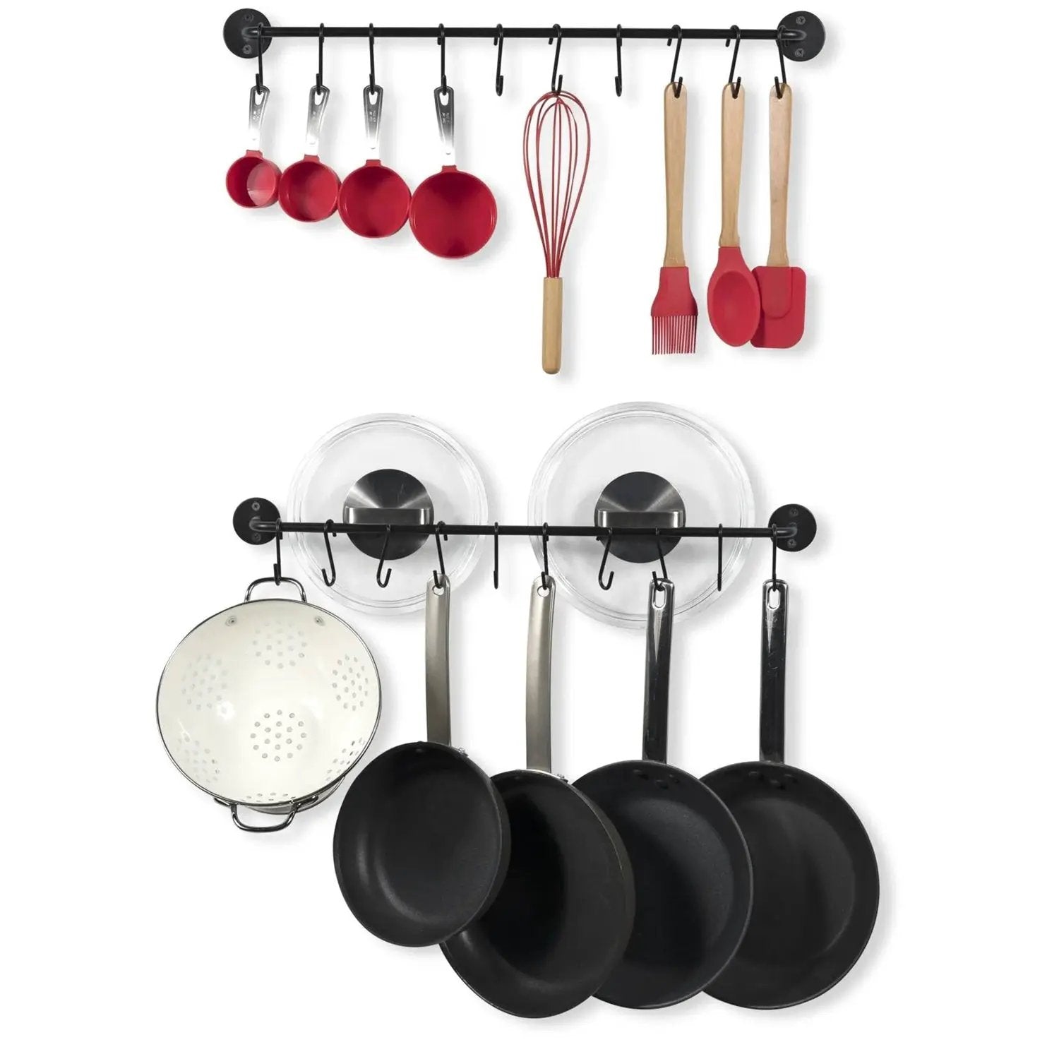 Set of 2 - Black Metal Wall Mounted Pot Rack with 20 Hanging Hooks by HomePacific