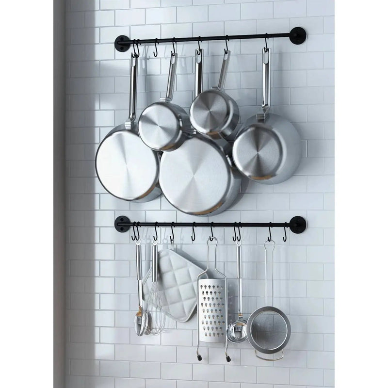 Set of 2 - Black Metal Wall Mounted Pot Rack with 20 Hanging Hooks by HomePacific