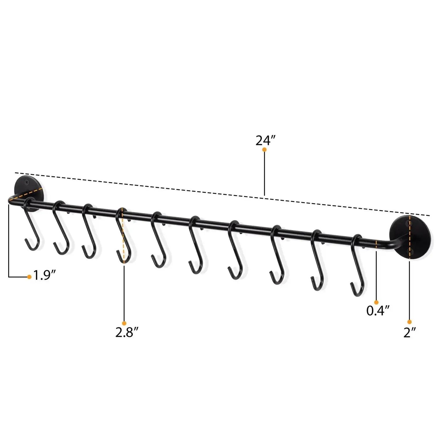 Set of 2 - Black Metal Wall Mounted Pot Rack with 20 Hanging Hooks by HomePacific