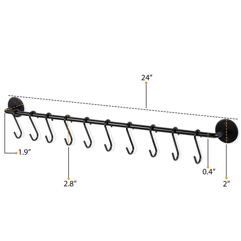 Set of 2 - Black Metal Wall Mounted Pot Rack with 20 Hanging Hooks by HomePacific