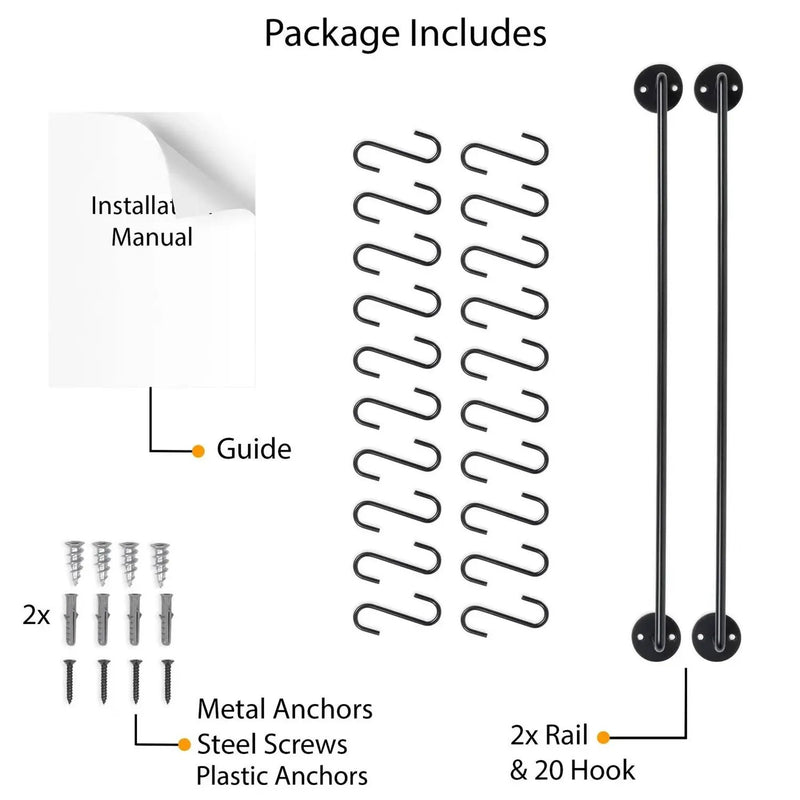 Set of 2 - Black Metal Wall Mounted Pot Rack with 20 Hanging Hooks by HomePacific