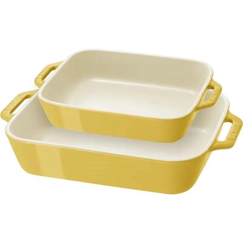 2 Piece Ceramic Stoneware Bakeware Casserole Baking Dish Set in Yellow / Ivory by HomePacific