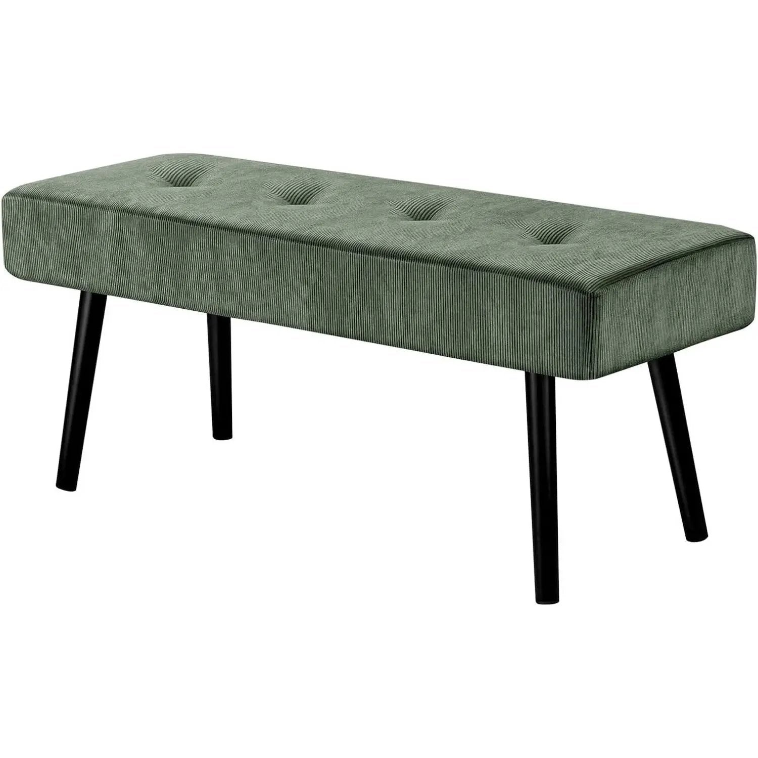 Mid-Century Green Corduroy Upholstered End of Bed Bench with Black Metal Legs by HomePacific