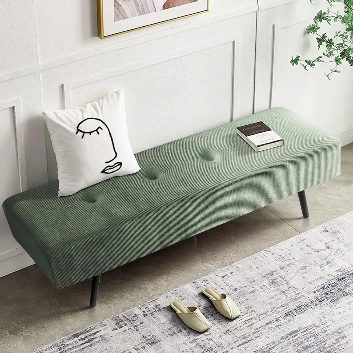 Mid-Century Green Corduroy Upholstered End of Bed Bench with Black Metal Legs by HomePacific
