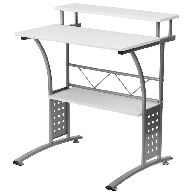 Modern Metal Frame Computer Desk with White Laminate Top and Raised Shelf by HomePacific