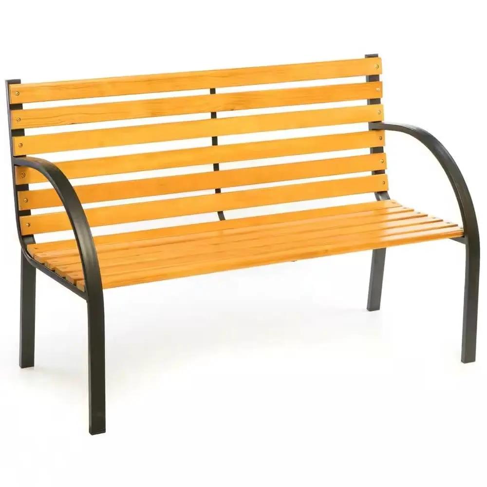Outdoor Black Metal Frame Garden Bench with Wood Slats and Curved Armrests by HomePacific