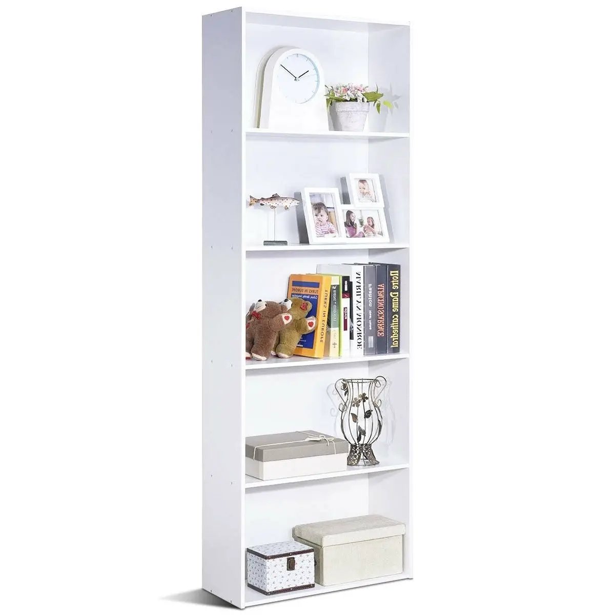 Modern 5-Tier Bookcase Storage Shelf in White Wood Finish by HomePacific