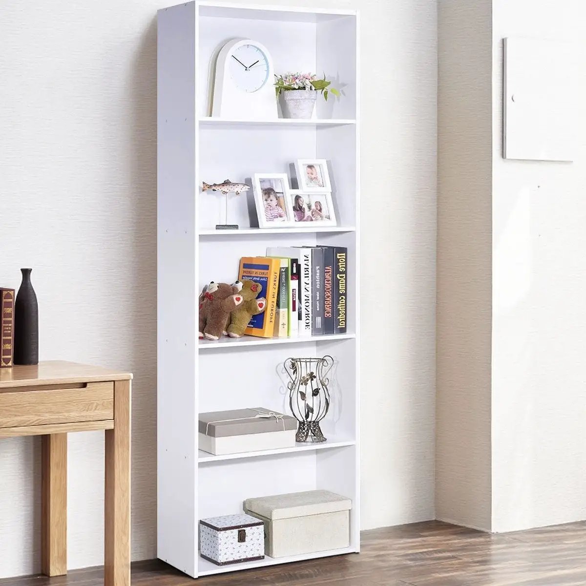 Modern 5-Tier Bookcase Storage Shelf in White Wood Finish by HomePacific
