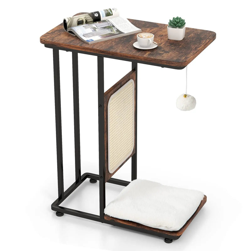 C- Shaped Cat Side Table Cat Tree with Scratching Board-Rustic Brown by DirectDeals