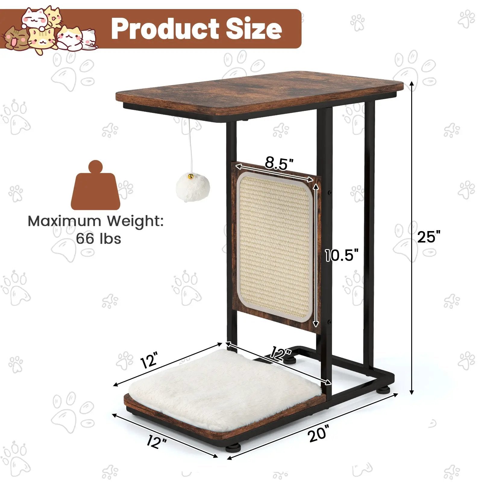 C- Shaped Cat Side Table Cat Tree with Scratching Board-Rustic Brown by DirectDeals