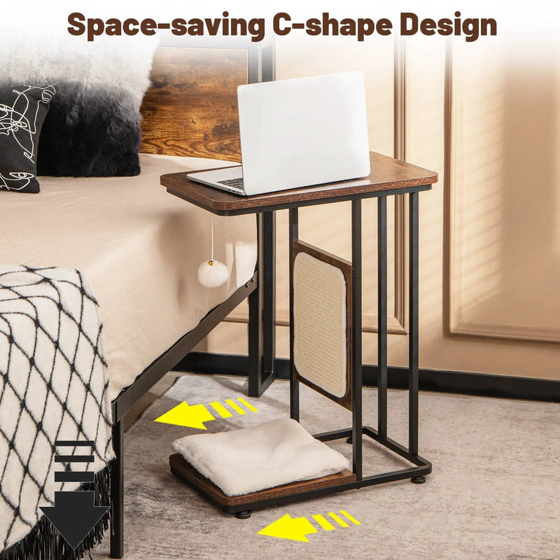 C- Shaped Cat Side Table Cat Tree with Scratching Board-Rustic Brown by DirectDeals