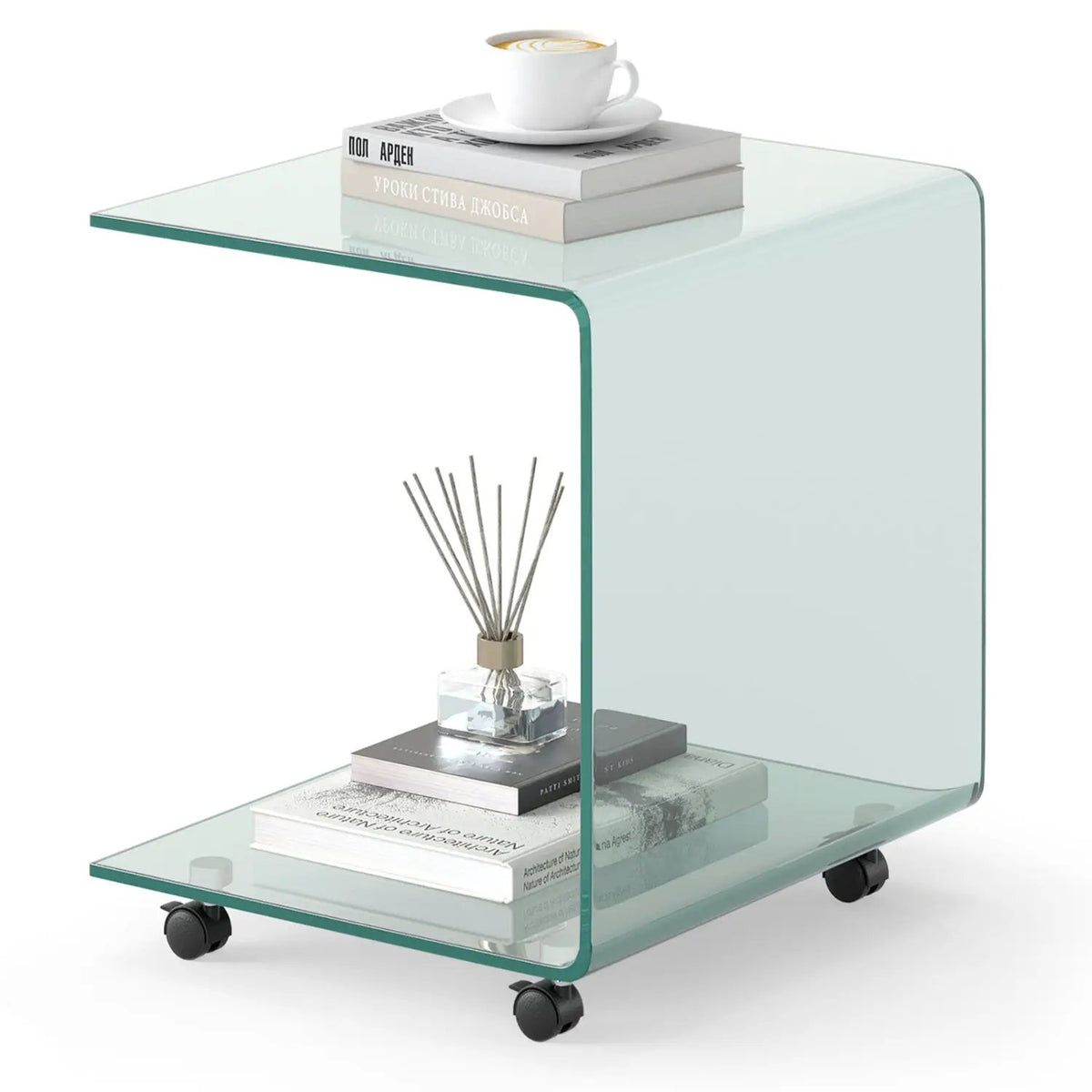 C-Shaped End Table Modern Tempered Glass Side Table with Shelf, photo 5 of 16