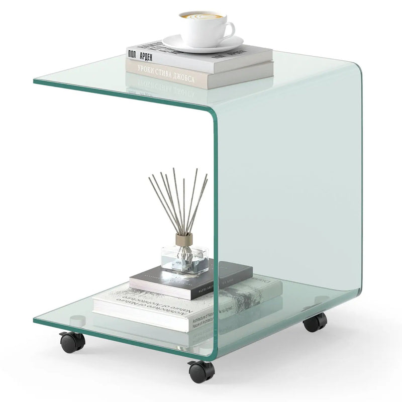C-Shaped End Table Modern Tempered Glass Side Table with Shelf by DirectDeals