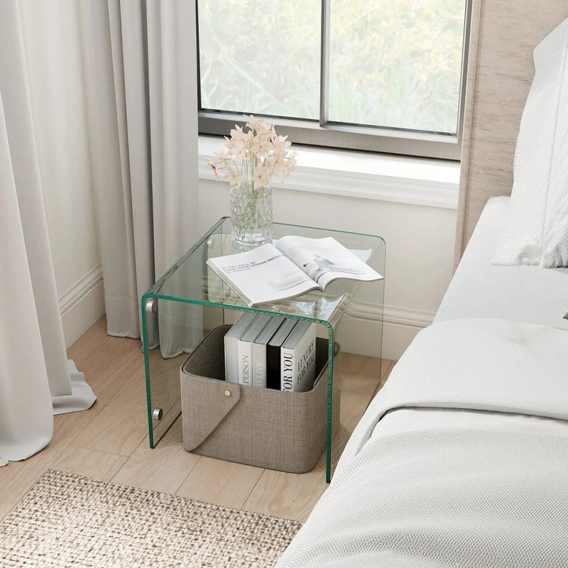 C-Shaped End Table Modern Tempered Glass Side Table with Shelf by DirectDeals