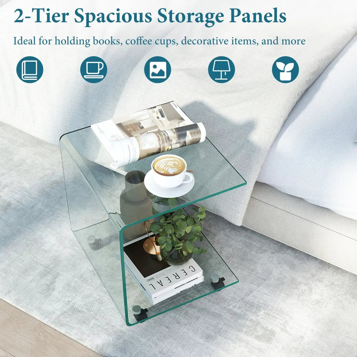 C-Shaped End Table Modern Tempered Glass Side Table with Shelf, photo 13 of 16