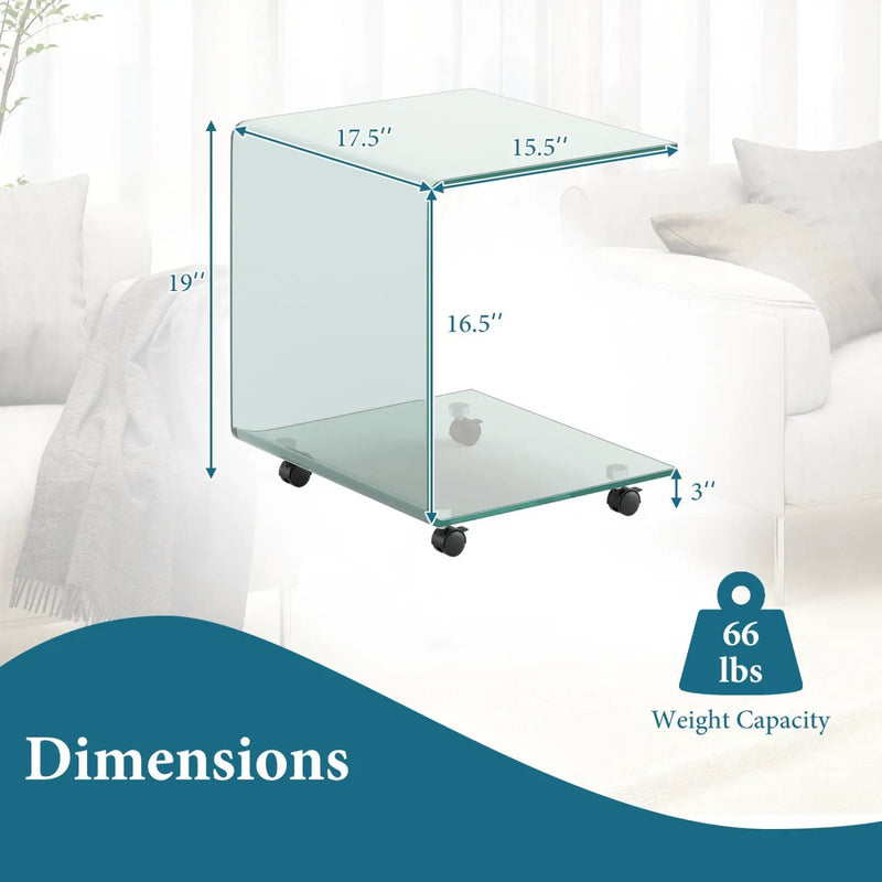 C-Shaped End Table Modern Tempered Glass Side Table with Shelf by DirectDeals