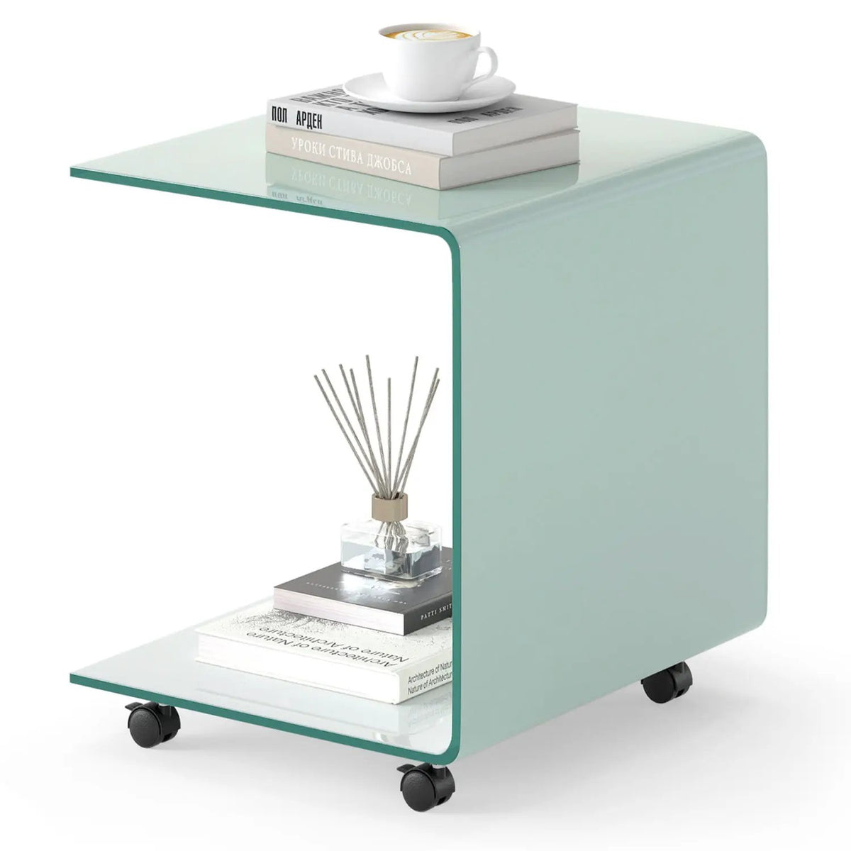 C-Shaped End Table Modern Tempered Glass Side Table with Shelf, photo 6 of 16