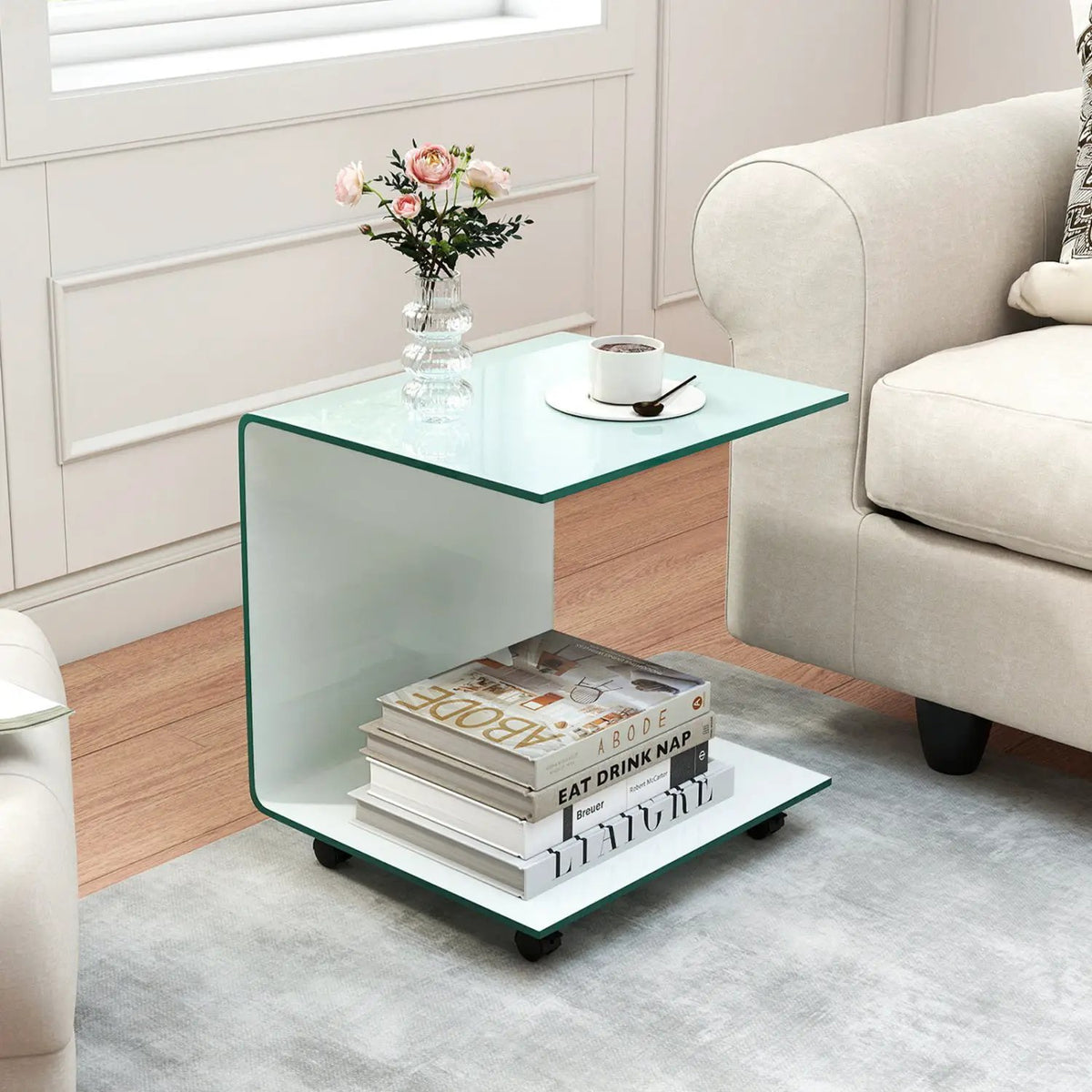 C-Shaped End Table Modern Tempered Glass Side Table with Shelf, photo 2 of 16