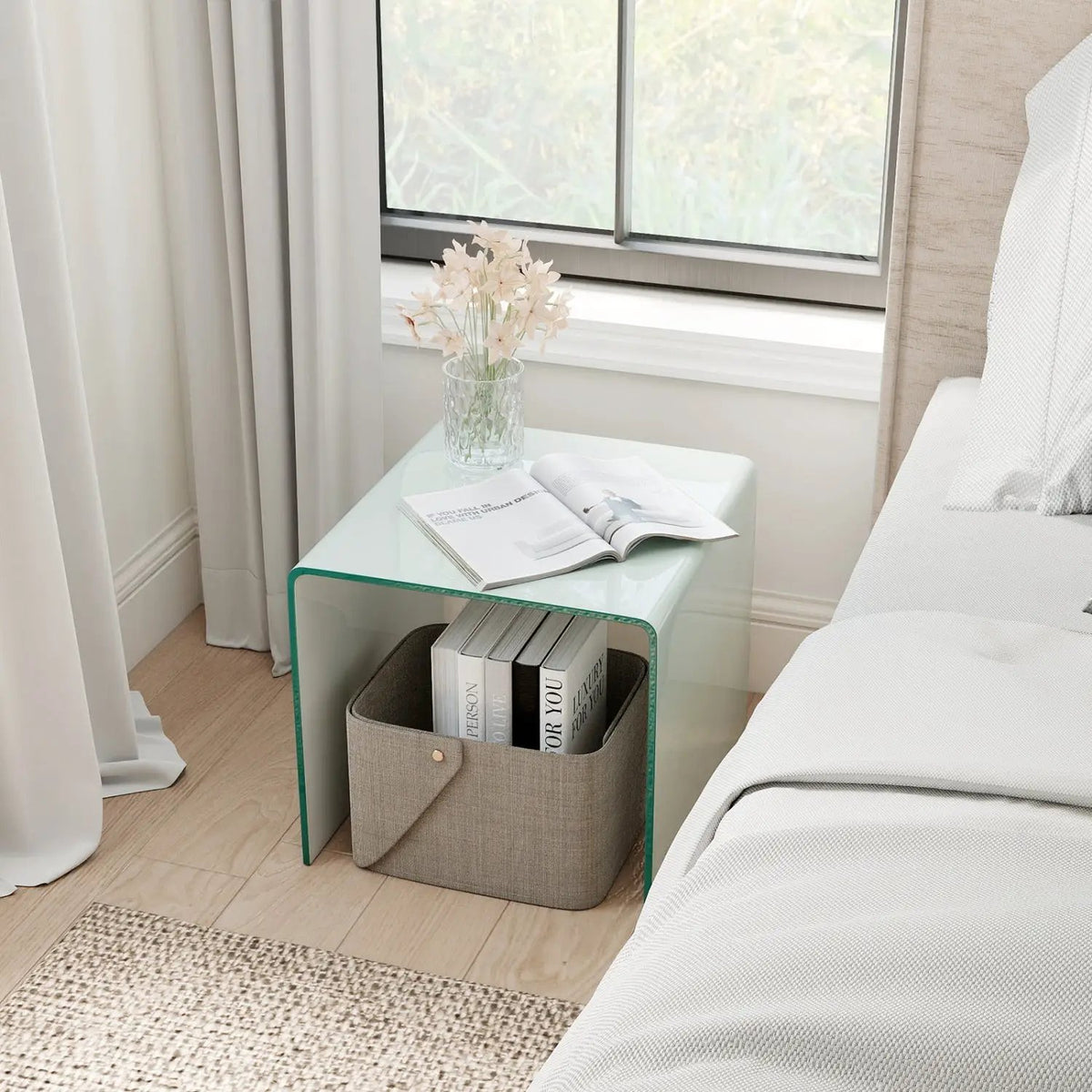 C-Shaped End Table Modern Tempered Glass Side Table with Shelf, photo 4 of 16