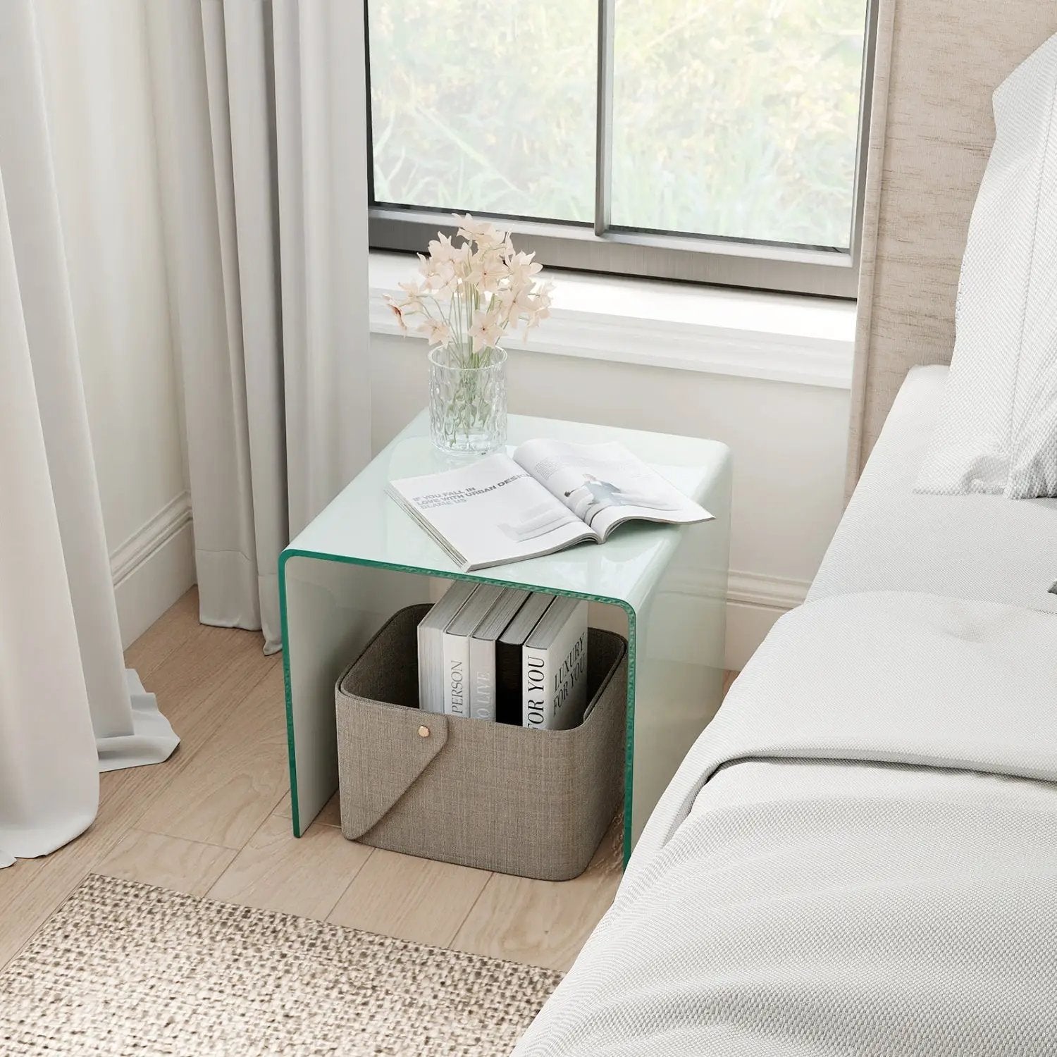 C-Shaped End Table Modern Tempered Glass Side Table with Shelf by DirectDeals