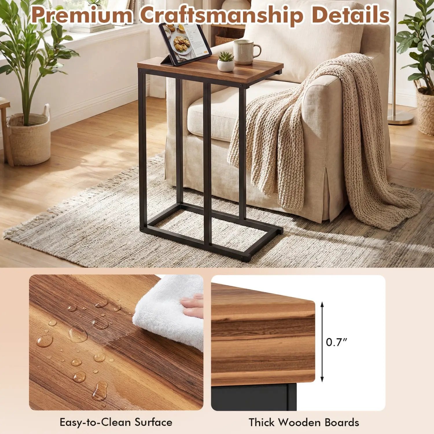 C-Shaped End Table Small Side Table with Sturdy Metal Frame by DirectDeals