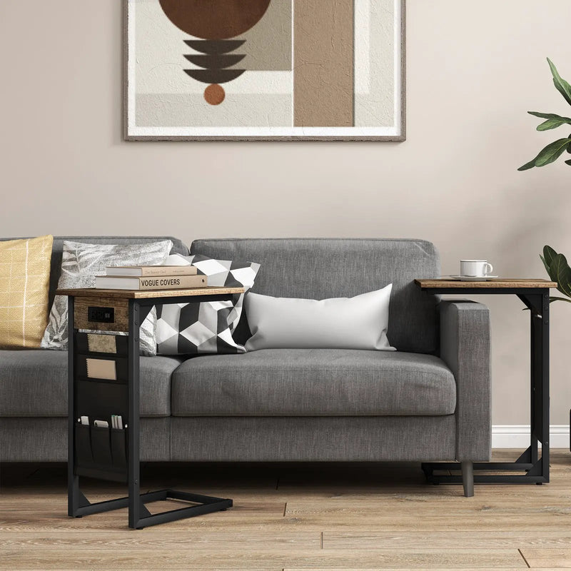 Set of 2 C Shaped End Table with Charging Station-Rustic Brown by DirectDeals