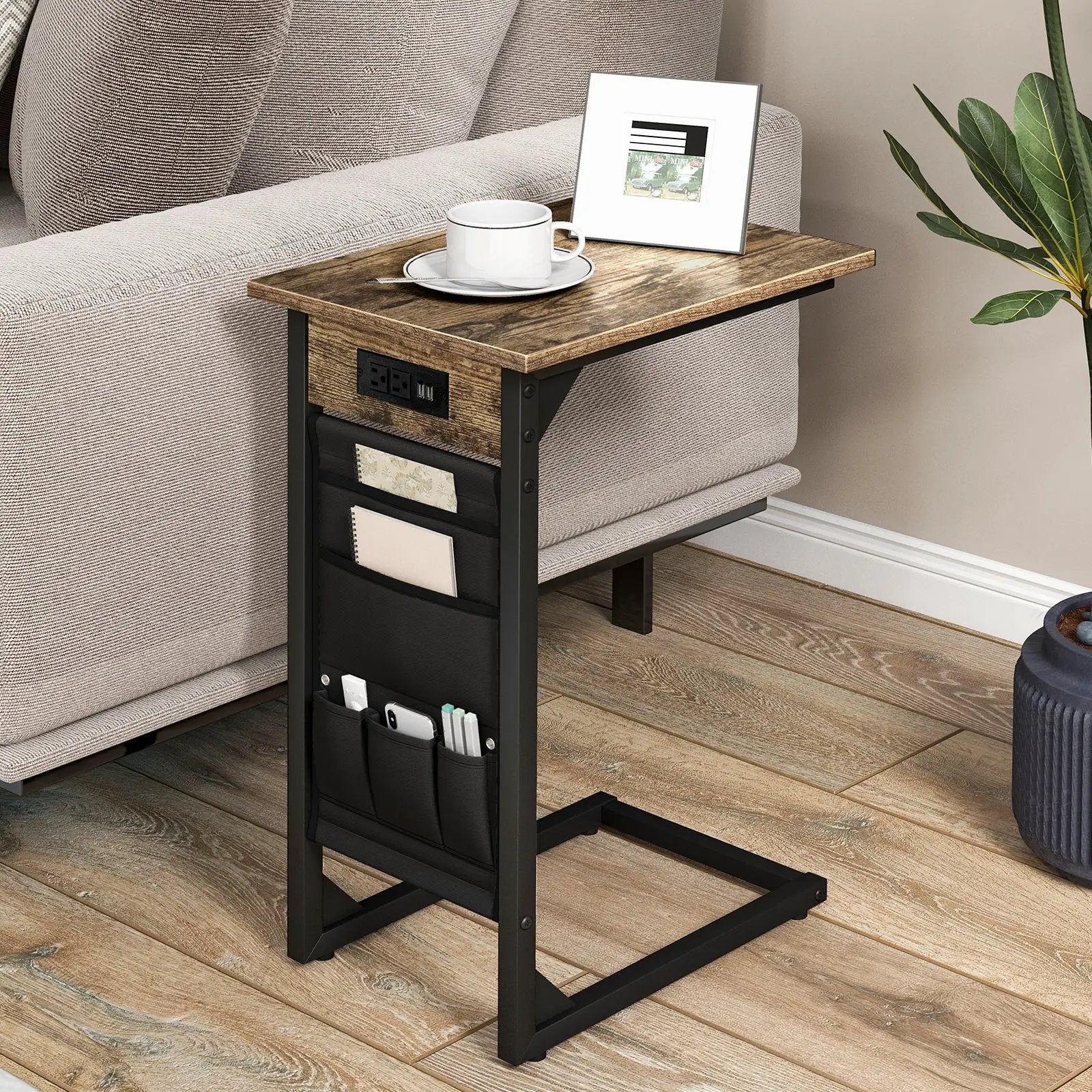 Set of 2 C Shaped End Table with Charging Station-Rustic Brown by DirectDeals