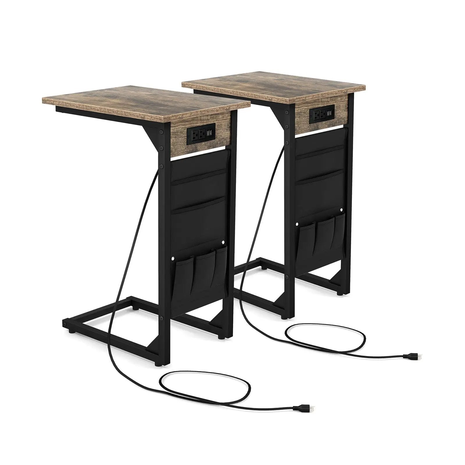 Set of 2 C Shaped End Table with Charging Station-Rustic Brown by DirectDeals